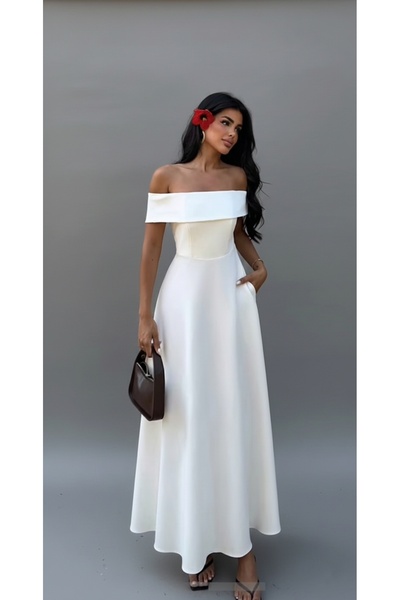 Şayse Design Beyaz Midi Boy Elbise/Madonna Yaka Elbise/Cep detaylı A Kesim El...