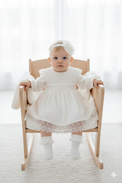 Miniday Baby Kız Bebek Mevlütlük Elbise Dantelli Bandanalı