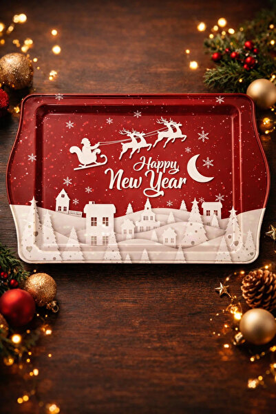 esdekor صينية تقديم معدنية بتصميم السنة الجديدة وعيد الميلاد مقاس 24.5×15.7 س...