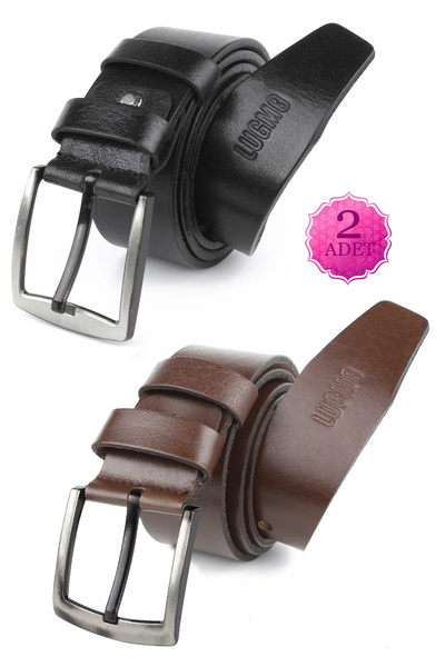 LUGMO 2 Adet Hakiki Deri Erkek Kemer Eko 4,5 cm Kot Siyah-Kahverengi