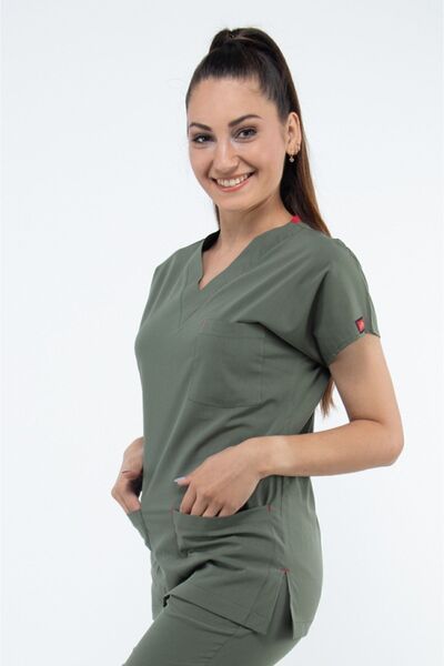 Uçak Medikal Zeytin Yeşil U-flex Likralı Tek Üst Hemşire Doktor Forması