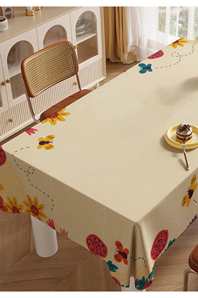 ALAMODECOR Sarı Renkli Çiçekli Kelebekli Bej Mutfak Yemek Masası Örtüsü Salon...