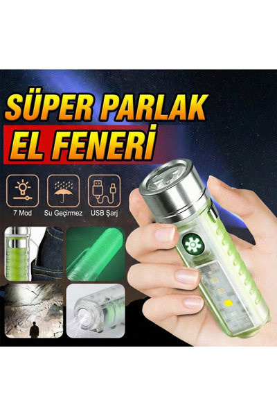 farissu 2500 Lümen 7 Farklı Işık Şiddetine Sahip Kancalı Flaşörlü Mini Cep De...