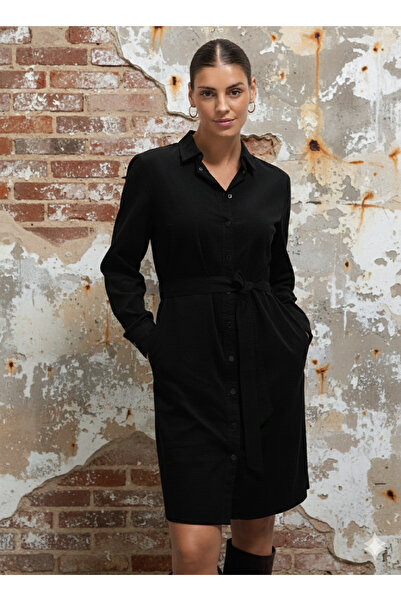 MAG FASHİON Velvet Black Dress Slim F Corded Fabric Black Shirt Dress Italian Design