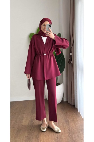 AKIZER Scuba Kumaş Kadın İkili Alt Üst Tesettür Takım Bordo