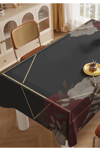 ALAMODECOR Anthracite Floral Striped Kitchen Dining Tablecloth Living Room Ta...