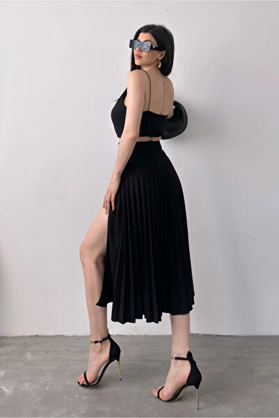 Fav Style تنورة نسائية سوداء متوسطة الطول بخصر عالٍ وطيات