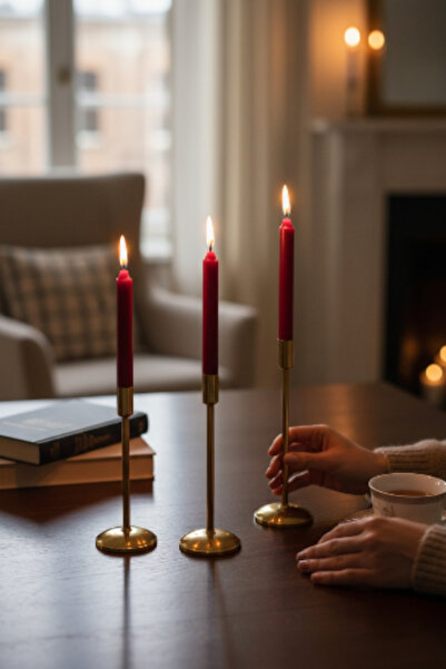 Lavoon 3 lü Kırmızı Renk Şamdan Mum (18cm X 2,2cm) Damlatmaz, 1. Kalite Denge...