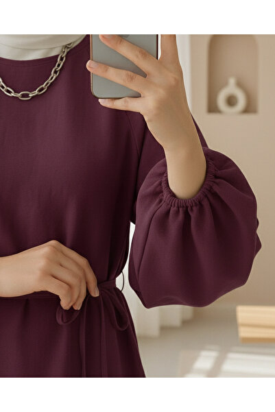 Modamorfo Yuvarlak Yaka Beli Bağcıklı Balon Kol Tunik -Bordo