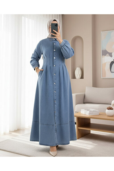 Modamorfo Pile Detaylı Boydan Düğmeli Cepli Kot Elbise -Buz Mavi