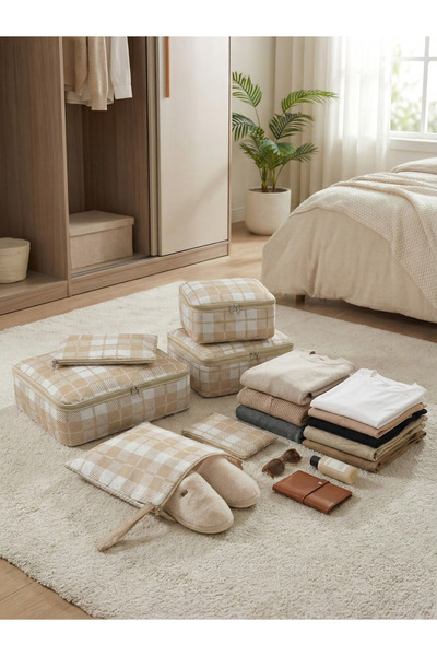 NACAREV Béžová čtvercová kostkovaná 6dílná sada kufrů a kufrů – cestovní tašk...