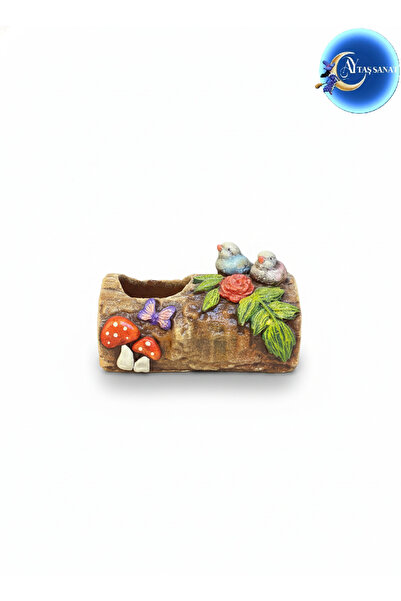 Ay Taş Sanat El Boyaması Dekoratif Kuşlu Kütük Model Saksı