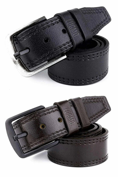 LUGMO 2 Adet Hakiki Deri Erkek Kemer 4,5 cm Dikiş Desenli Siyah-Kahverengi