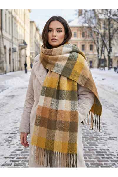 Luminos Butik Kare Desenli Kahverengi-sarı-bej-gri Püsküllü Kalın Dokulu Atkı Sal1292