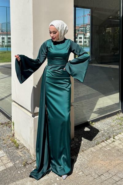 Tarzım Tuba Büyük Ispanyol Kol Uzun Parça Detaylı Özel Gün Abiye Zümrüt Yeşil