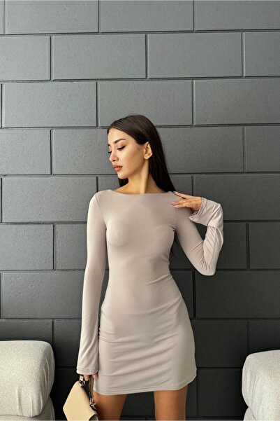 Fav Style Rochie mini de damă de culoare bej - mânecă lungă și spate deschis