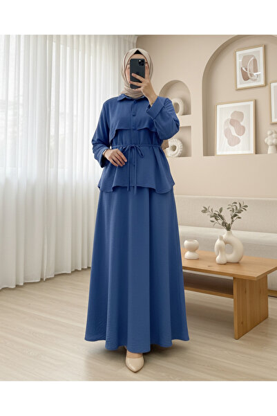 Modamorfo بدلة أيروبين بتنورة بحزام وأزرار علوية - نيلي