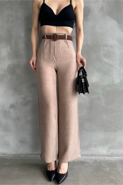 Fav Style Dámské plátěné kalhoty s vysokým pasem s páskem z trubice béžové