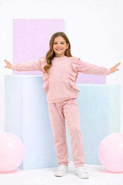 BUUFUU Set de două piese cu mâneci lungi din bumbac cu volane, pentru fetițe