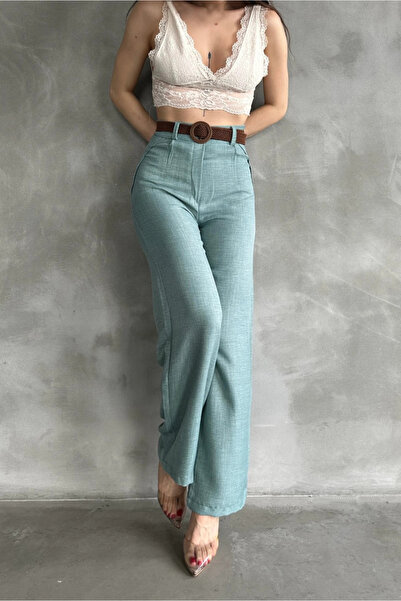 Fav Style Pantaloni de in pentru femei cu talie înaltă, cu centură, picior tu...