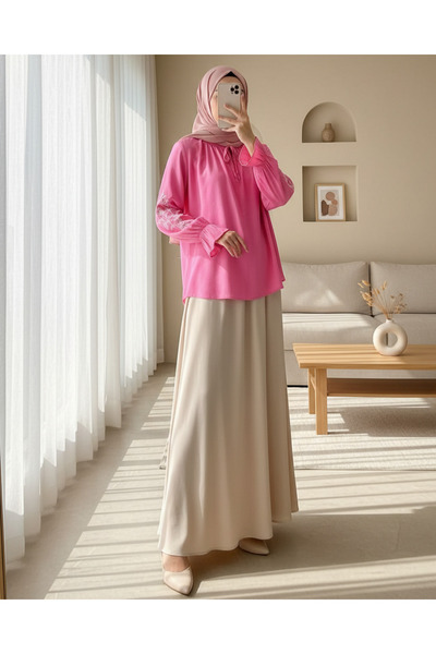 Modamorfo Yakası Bağlamalı Kolu Nakışlı Lastikli Gömlek -Pembe