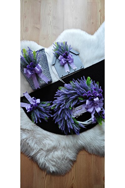 Serçeden Lavanta çiçekli kapı süsü paspas sepet ahşap anahtarlık askısı 4 par...