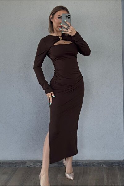 Fav Style Women's Cut Out Detailed Long Sleeve Slit Long Dress Brown