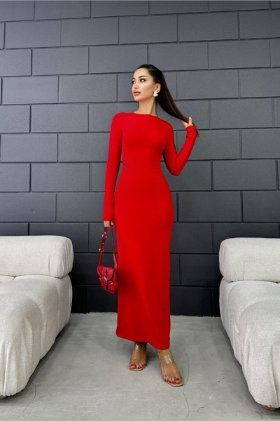Fav Style Women's Crew Neck Long Sleeve Long Dress Red