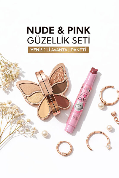 Kozmetik Kelebek Far Paleti & Kalpli Magic Ruj - Nude Işıltılı ve Parlak Pemb...