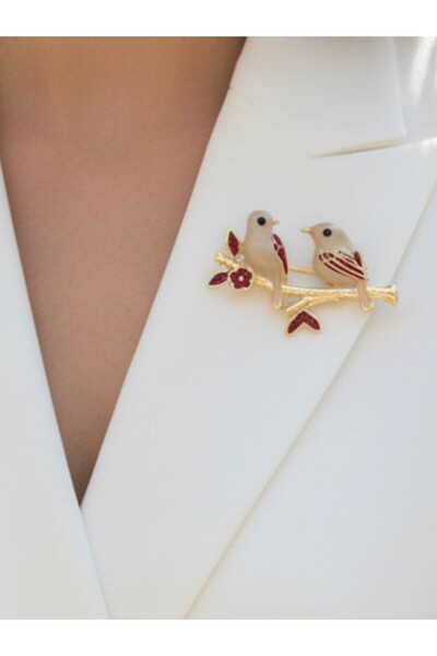 MODAMİRA AKSESUAR İki Kuş Figürlü Mineli Broş – Çiçekli Dal Tasarımı – Zarif ...