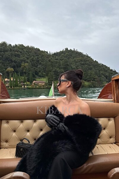 kibarca Uzun Tüylü Siyah Kürk Atkı Lüks Kürk Şal İtalyan Şıklığı Kokteyl Dave...