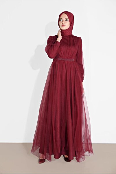 TRENDTESETTÜR فستان سهرة نسائي من التول باللون العنابي T 2910