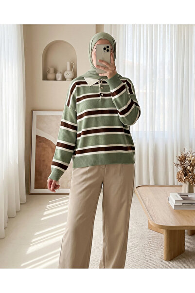 Modamorfo Polo Neck Buttoned Colorful Striped Knit Sweater - Green