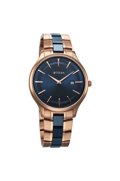 Titan ساعة Slim Ceramic Fusion الرجالية 90142KD03 - مينا أزرق، سوار من الفولاذ والسيراميك بلون ذهبي وردي