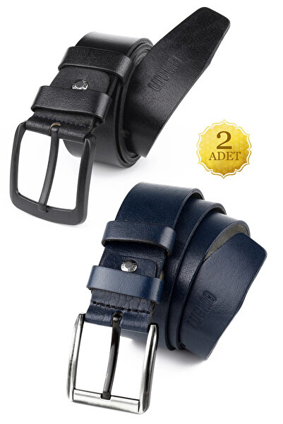 LUGMO Ανδρική ζώνη 2 τεμαχίων από γνήσιο δέρμα 4,5 εκ. Μαύρο Navy Blue Jeans ...