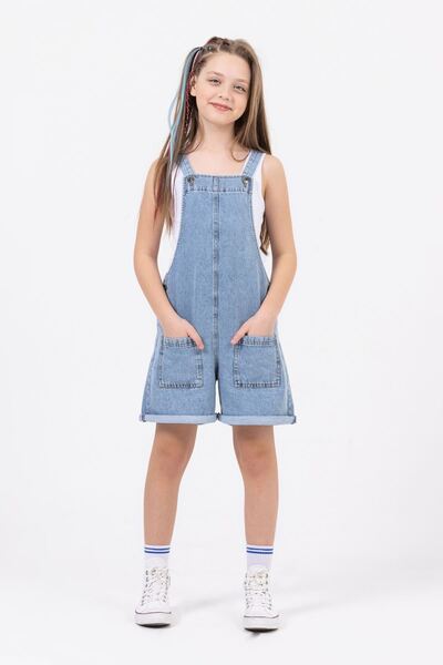 DMB BOYS & GIRLS Çaren Kids- Kız Denim Şort Salopet- Cep Detaylı Şort Salopet
