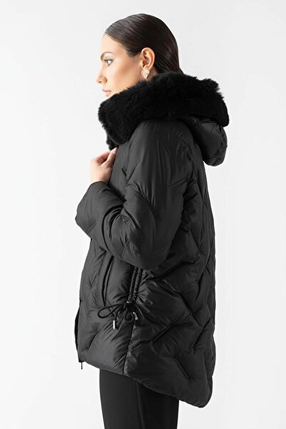 Spazio Remiggio Fermuarlı Kapüşonlu Kürklü Mont SİYAH