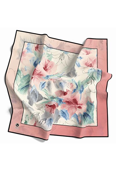 VİOLLA Soft Twill Suluboya Çiçek Desenli Pudra Renkli 90x90 Eşarp (İpek İçerm...