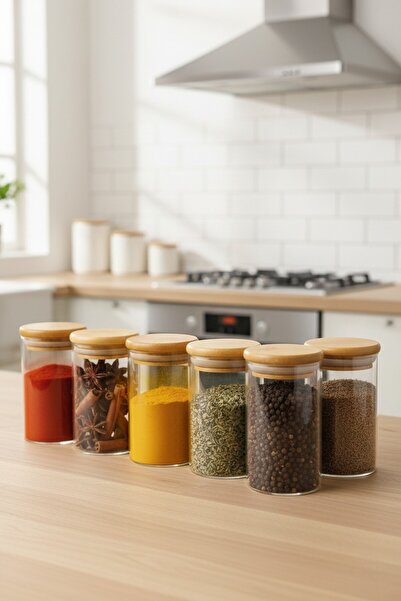 Kitchen Way طقم مرطبان زجاجي بغطاء من الخيزران، طقم تخزين بهار البورسليكات 12...