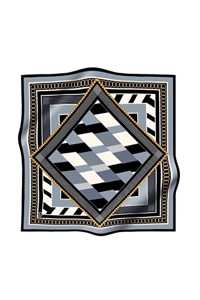 VİOLLA Soft Geometrik Desenli İndigo Renkli 90x90 Eşarp (İpek İçermez) Kenar ...