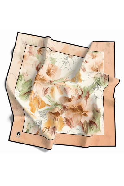 VİOLLA Soft Twill Suluboya Çiçek Desenli Somon Renkli 90x90 Eşarp (İpek İçerm...