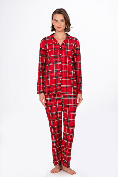 Kompedan Kadın Süet Önden Düğmeli Pijama Takımı | Ekose Kiremit