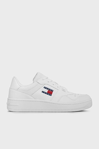 Tommy Hilfiger Erkek Marka Logolu Deri Üst Kauçuk Dış Tabanlı Gündelik Kullanıma Uygun Beyaz Sneaker