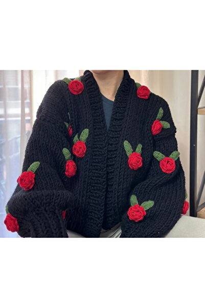 ORGANICMIRA Kadın Siyah Hırka Kırmızı Güllü Ceket Oversize Sevgililer Günü Crop Chunky