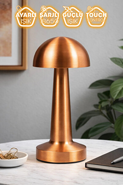 Nikadu Masa Üstü Lamba - Ledli Masa Lambası - Şarjlı Mantar Gece Lambası Led Abajur - Rose Gold - 25cm