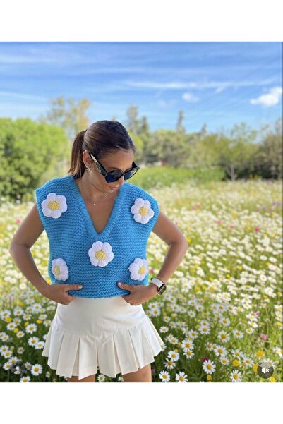 ORGANICMIRA Kadın Mavi Çiçekli Süveter Papatyalı Yelek Oversize Salaş