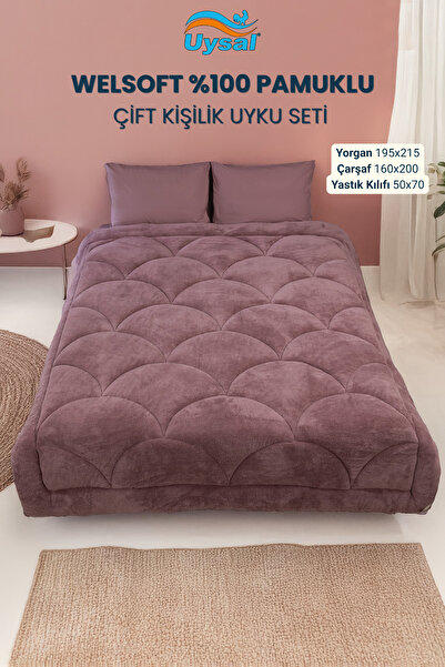 UYSAL WELSOFT AKFİL MİDYE DESEN ÇİFT KİŞİLİK UYKU SETİ GÜL KURUSU 195x215