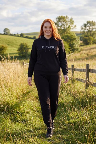 Ebsumu طقم بدلة رياضية سوداء كبيرة الحجم للسيدات بنقشة الزهور والحجر