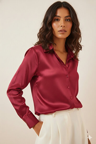 hazelin Kadın Bordo Hafif Dökümlü Saten Yüzeyli Gömlek Hzl22w-bd139641