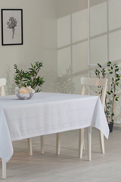 Tropikhome Jumbo Jakar Pano Desen Leke Tutmaz Jakarlı 150x220 Cm Lüks 8 Kişilik Masa Örtüsü Beyaz